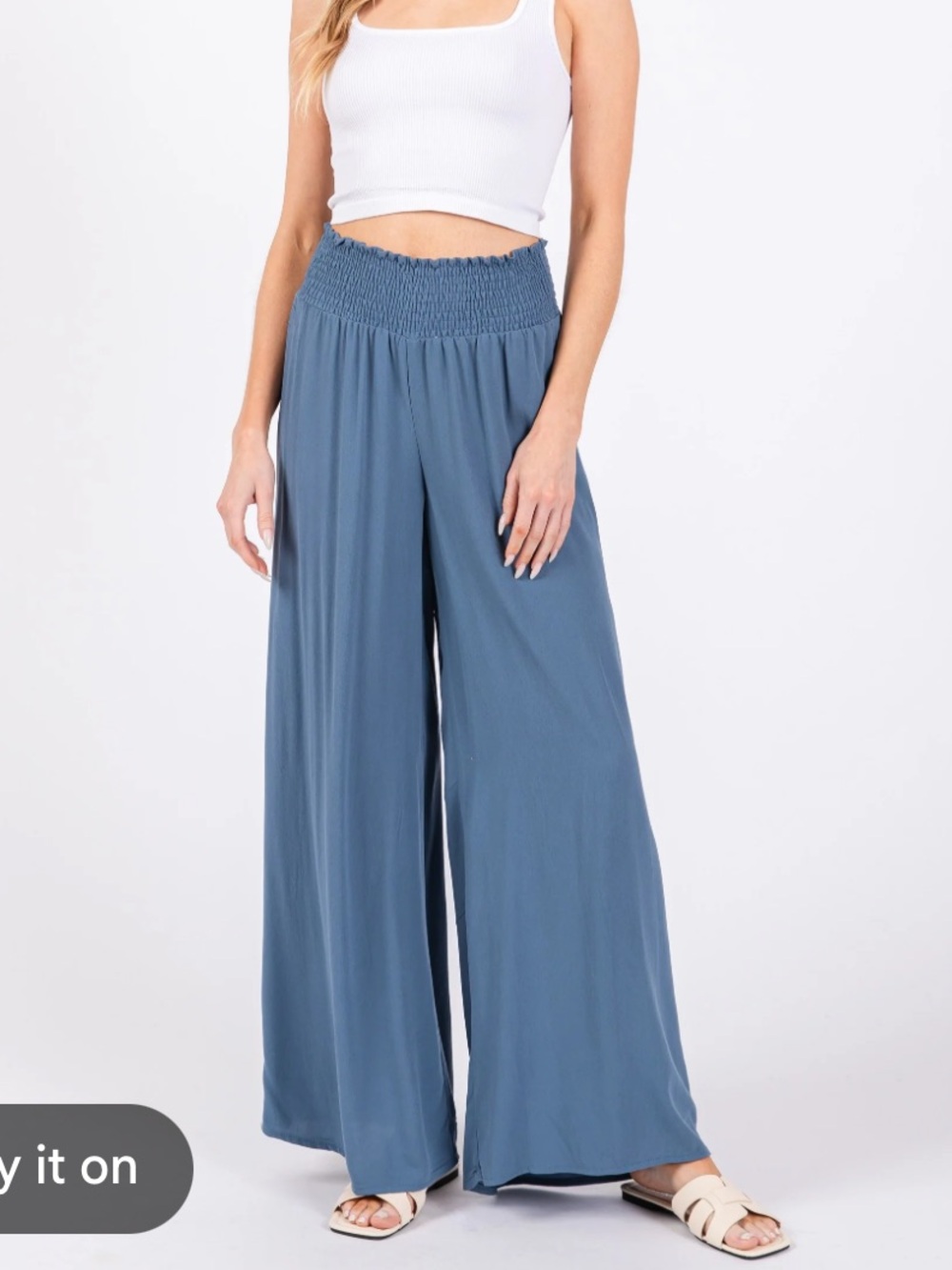Elan Smocked Waist Wide Leg 100% Viscose Pants - Blue M